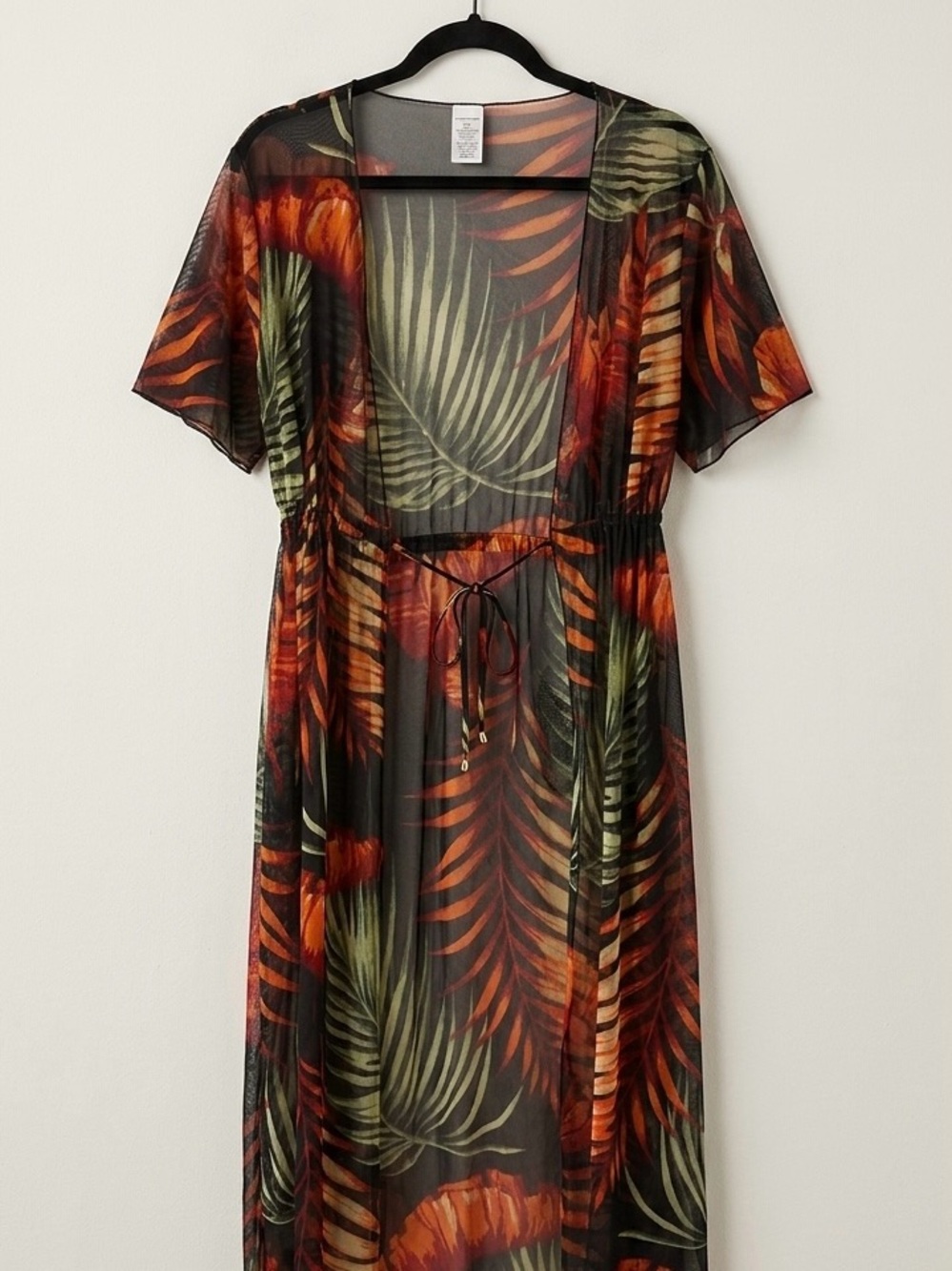 Sheer Tropical Leaf Maxi Cover-Up in Black, Olive & Burnt Orange
